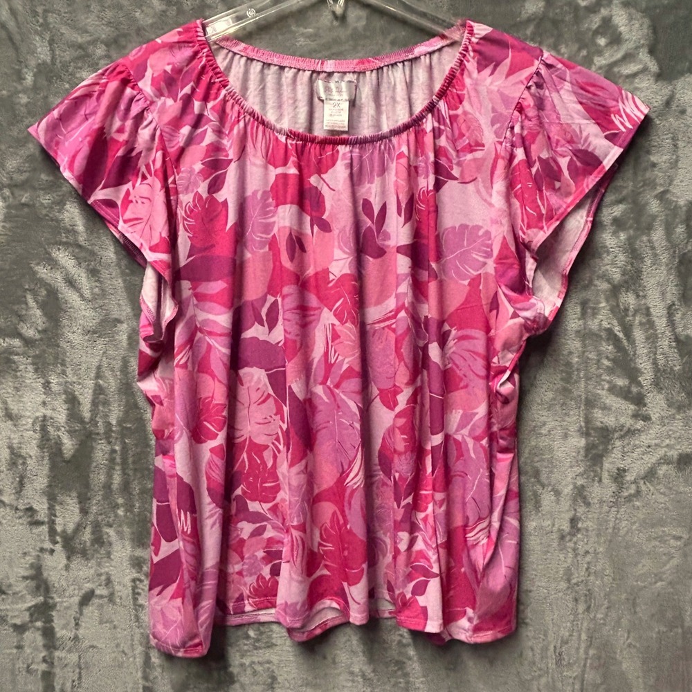 Stella Parker Collection Women 2X Tickled Pink Floral Print Top Short Sleeve NWT